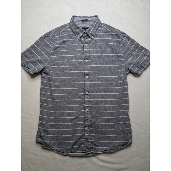 Tommy Hilfiger Mens Linen Short Sleeve Button Down - Medium Gray White Stripe - Picture 4 of 7
